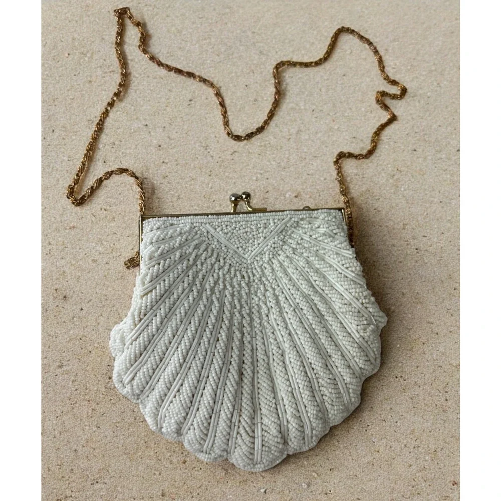 Vintage Walborg Mini Beaded Satin Clamshell Gatsby Purse Gold Color Chain Strap - Picture 13 of 13